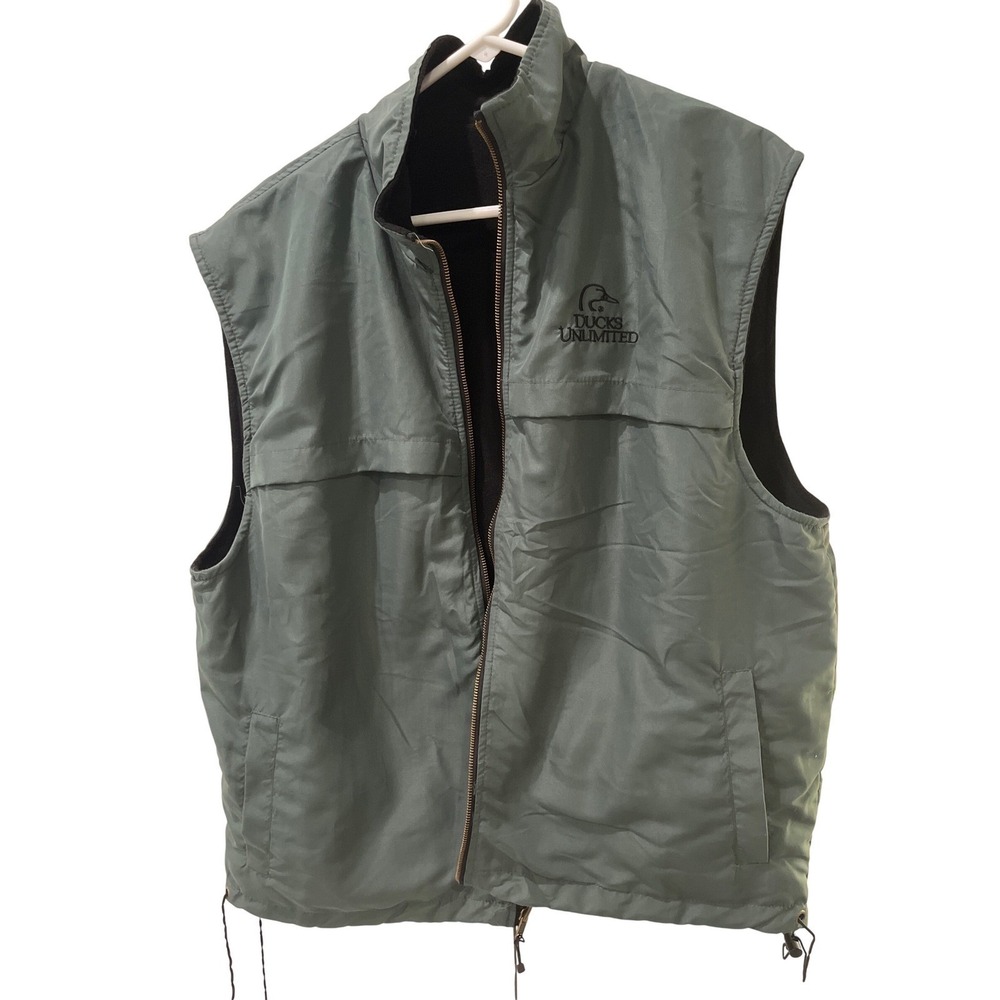 Ducks Unlimited Men's Large Reversible Fleece Vest Green Black Full Zip Hunting